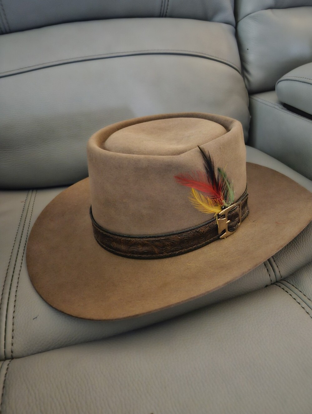 Wide Brim Steston Suede Fedora Hat with Feather Accent